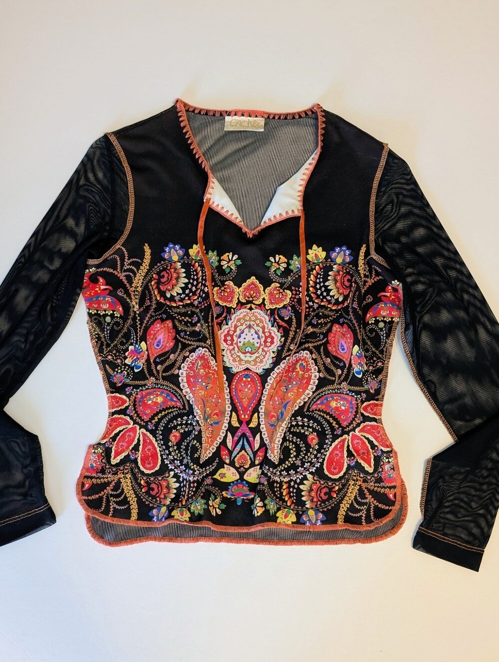 2000's Caché Beaded Sheer Mystic Mesh Sequin Art to Wear Blouse Small - Picture 8 of 11